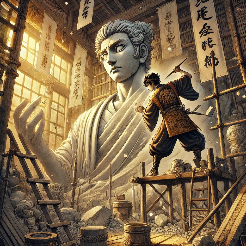 DALL·E 2025-02-18 08.52.24 - A highly detailed manga-style illustration of a sculptor in a traditional Japanese setting, carving a grand statue of himself in progress. The sculpto