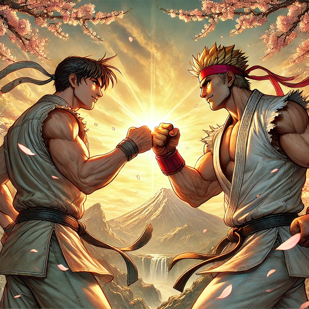 DALL·E 2025-02-20 12.57.18 - A highly detailed manga-style illustration of two characters facing each other in a moment of camaraderie, engaging in a strong fist bump as a sign of
